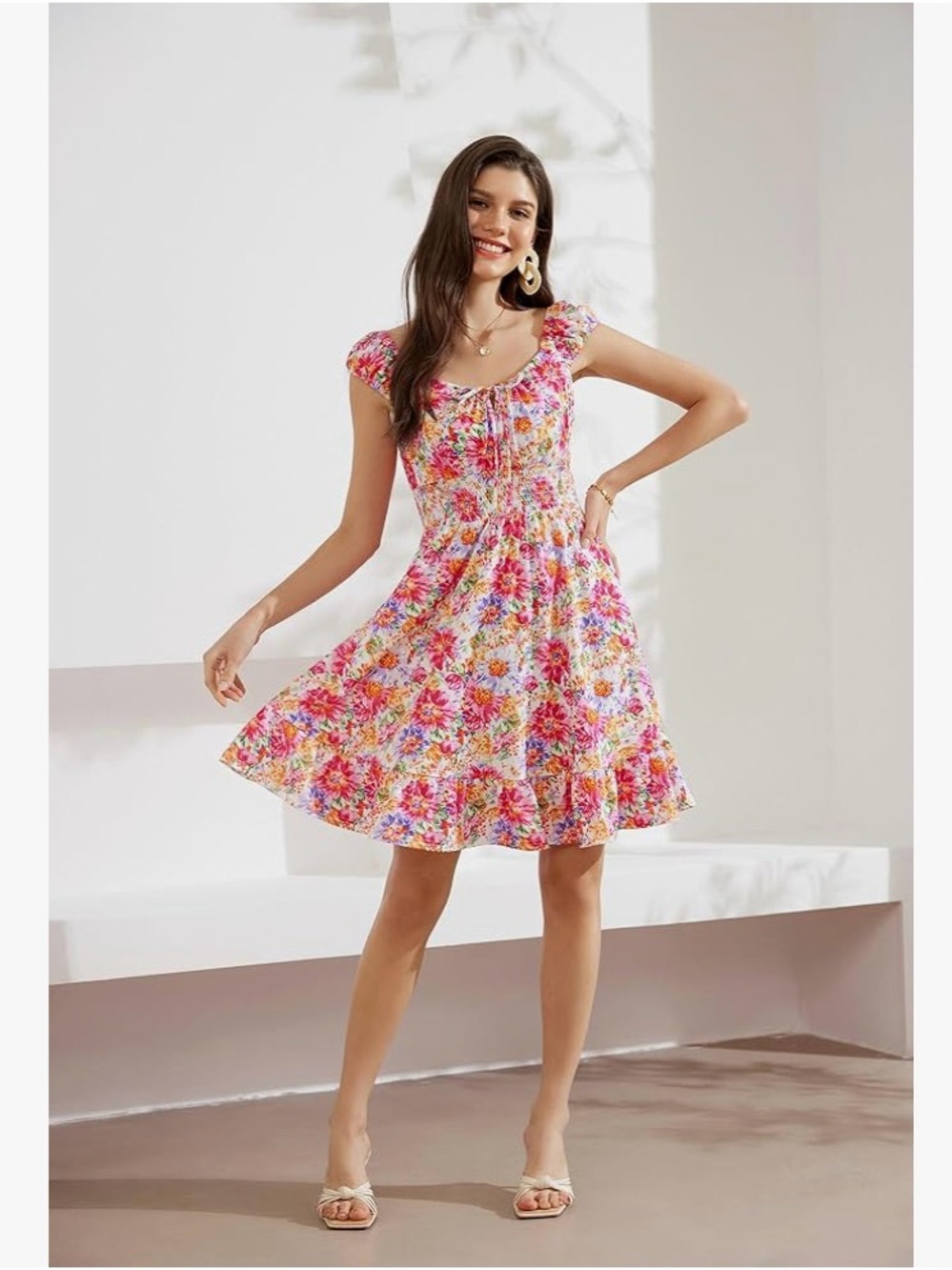 Grace Karin Pink Multi Floral Tie-Front Cap Sleeve Mini Dress